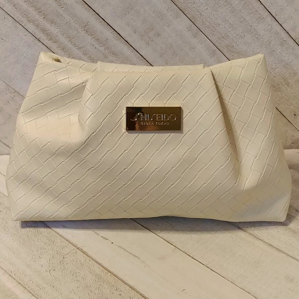 NEW Shiseido Makeup Bag Faux Woven Leather Cream Off White Snap Closure